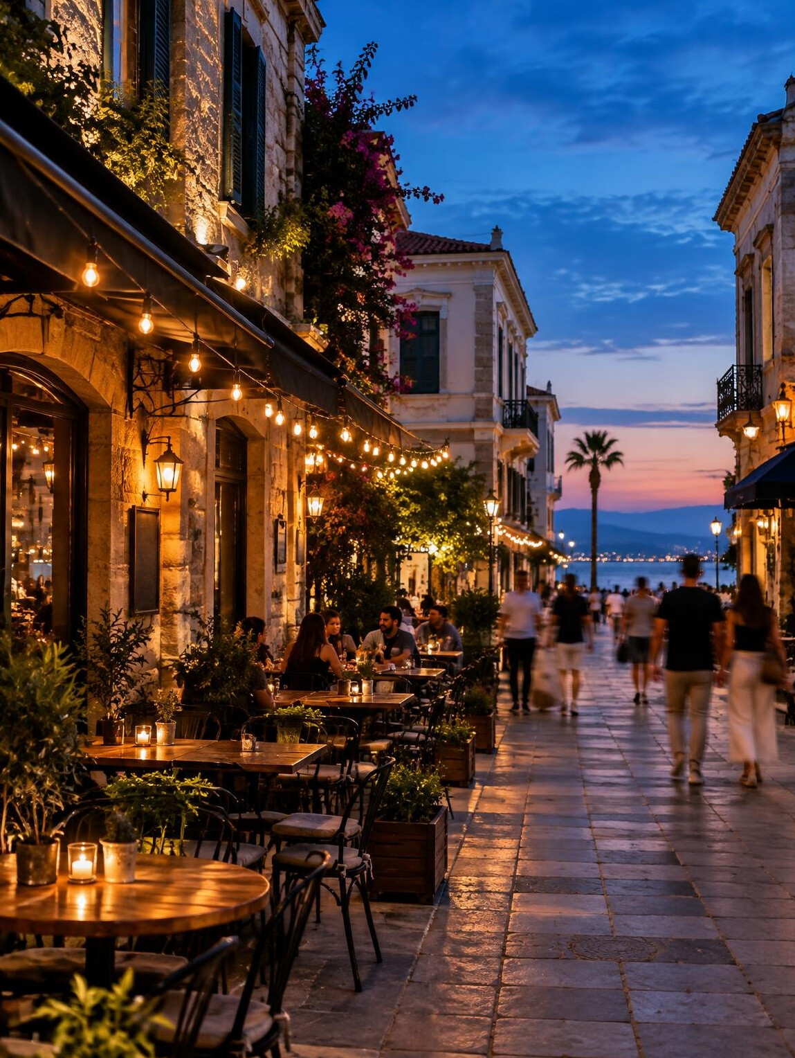 Evening street in Alsancak Izmir with cafe tables and warm lights