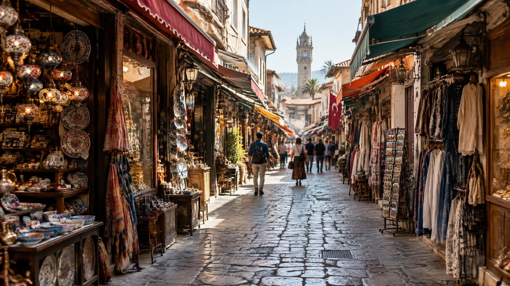 Narrow historic bazaar alley in Kemeralti Izmir with shop awnings and pedestrians